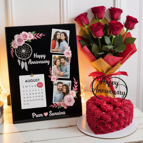 Anniversary Photo Frame, Heart Rosette Cake & Red Roses Premium Gift Combo