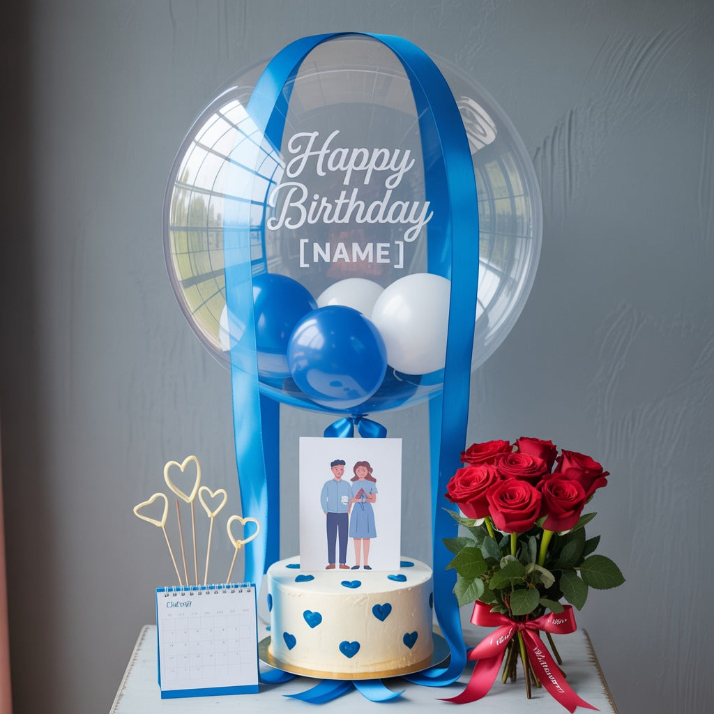 Blue Balloon Birthday Cake with Hearts, Couple Topper, and Roses Gift Combo