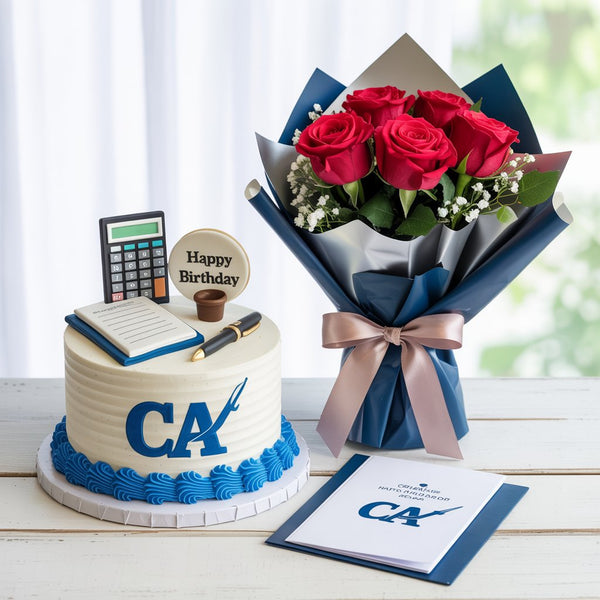 CA Theme Birthday Cake, Red Roses & Greeting Card Premium Gift Combo