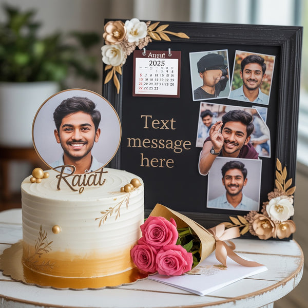 Custom Gold Birthday Cake, Pink Roses & Personalized Photo Frame Premium Gift Combo