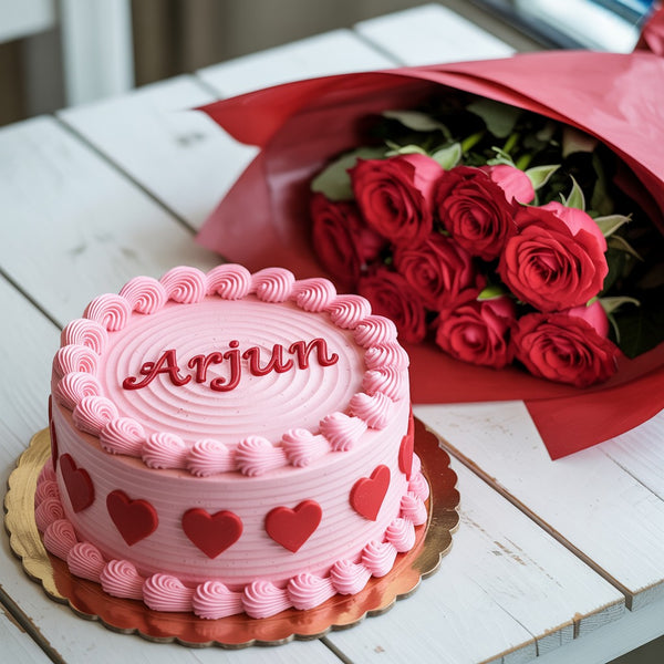 Custom Heart Design Pink Cake with Pink Roses Bouquet for Special Celebrations
