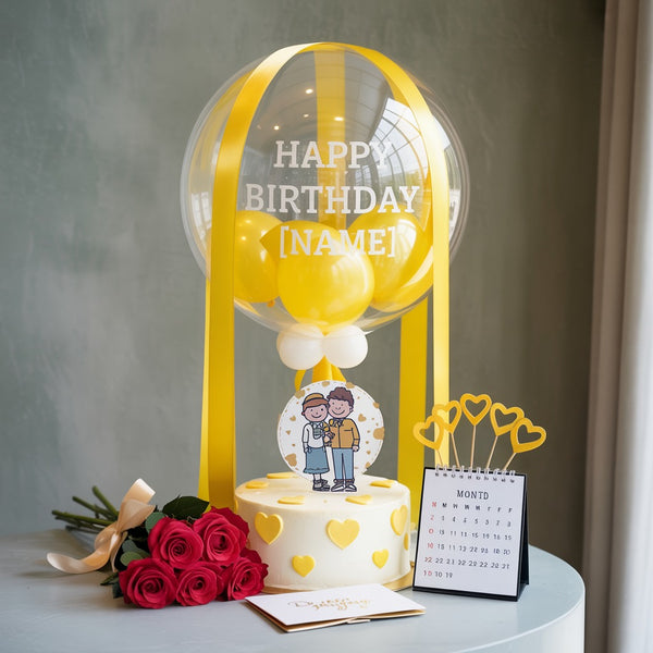 Custom Yellow Balloon Birthday Cake with Hearts and Roses Combo