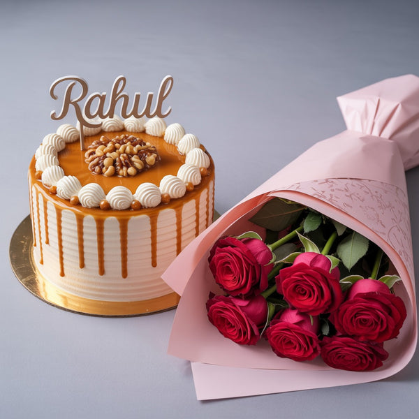 Designer Cake with Custom Name And Elegant Roses Bouquet for Memorable Celebrations