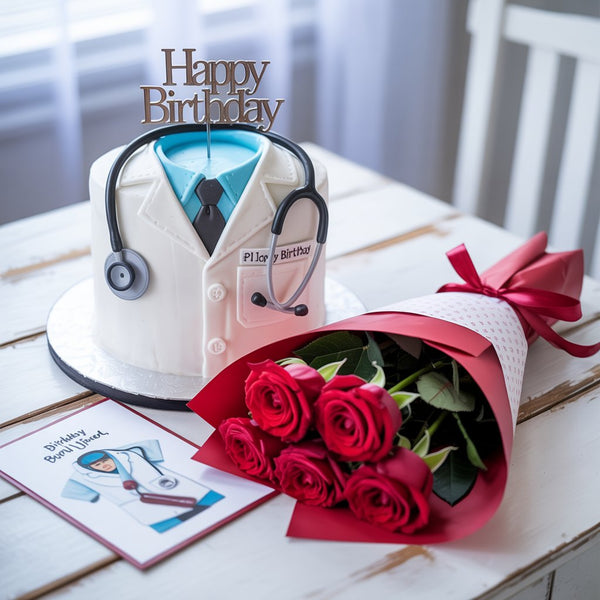 Doctor Theme Birthday Cake, Red Roses Bouquet & Greeting Card Gift Combo