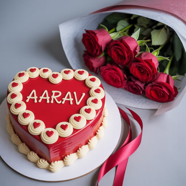 Elegant Heart-Shaped Red Velvet Cake with Personalized Name and Fresh Red Roses
