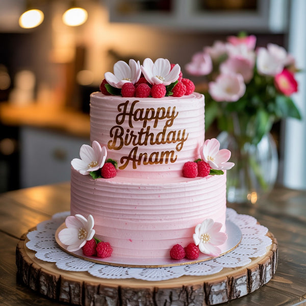 Elegant Two-Tier Pink Birthday Cake with Flowers and Custom Name Decoration