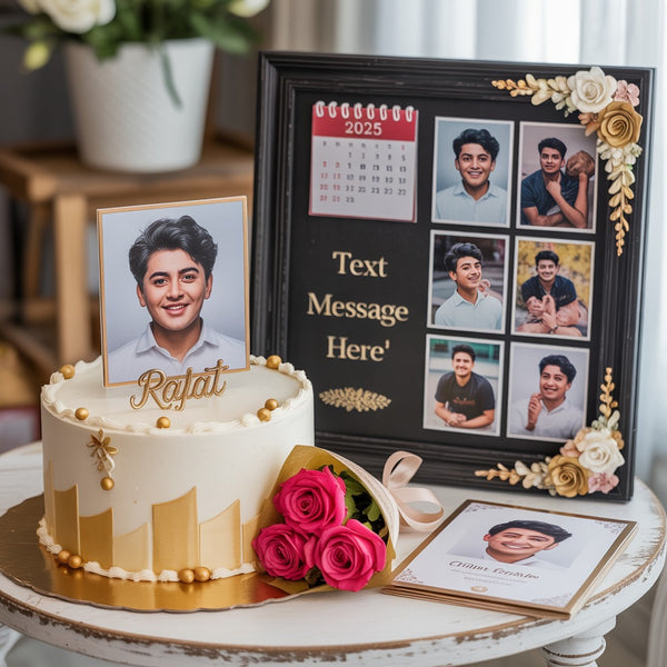 Gold-Theme Photo Cake with Roses and Custom Birthday Frame Premium Gift Combo