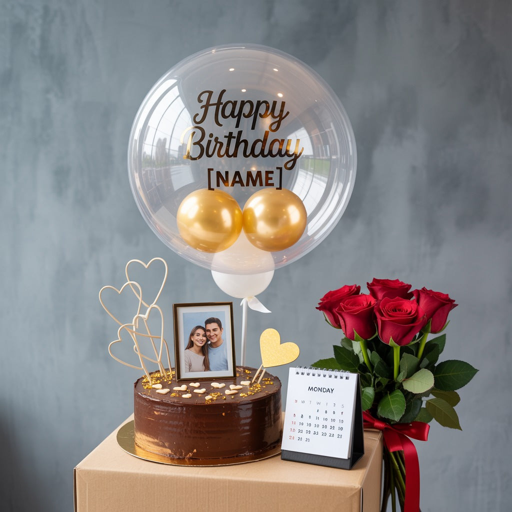 Golden Balloon Birthday Cake with Custom Name, Photo Topper, and Roses Combo