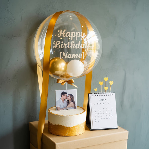 Golden Balloon Happy Birthday Cake with Personalized Name and Photo Topper