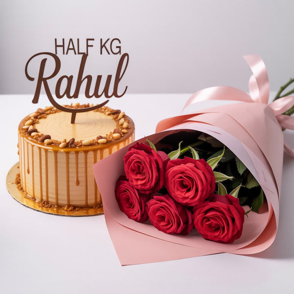 Half KG Personalized Drip Cake with Red Roses Bouquet Premium Gift Combo