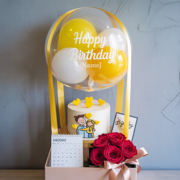 Happy Birthday Balloon Cake with Yellow Hearts and Red Roses Combo Gift