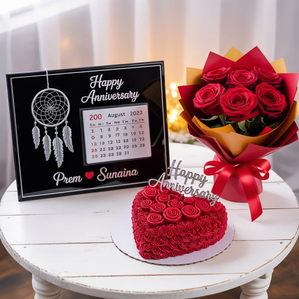 Heart-Shaped Anniversary Cake, Red Roses & Custom Calendar Frame Premium Combo