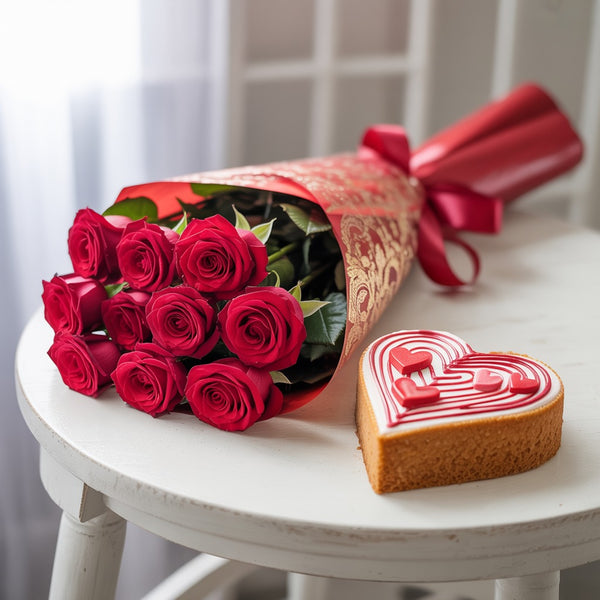 Heart-Shaped Cake with Red Roses Premium Romantic Gift Combo