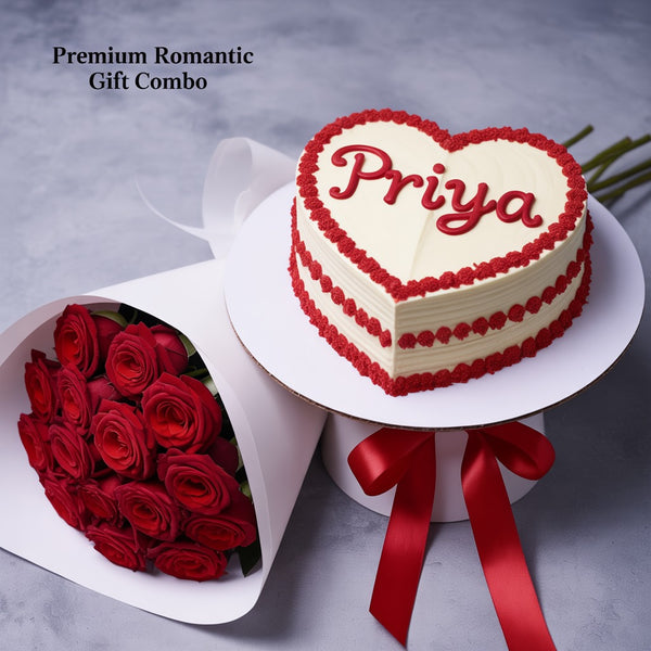 Heart-Shaped Personalized Cake and Red Roses Premium Romantic Gift Combo
