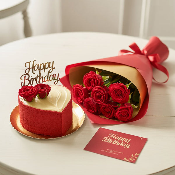 Heart-Shaped Red Velvet Birthday Cake & Red Roses Bouquet Gift Combo