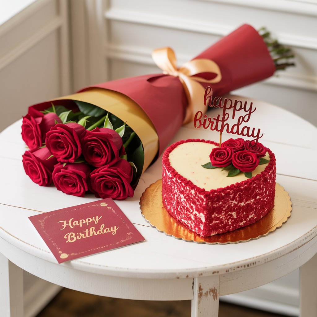 Heart-Shaped Red Velvet Birthday Cake & Red Roses Bouquet Premium Gift Combo