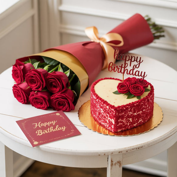 Heart-Shaped Red Velvet Birthday Cake & Red Roses Bouquet Premium Gift Combo