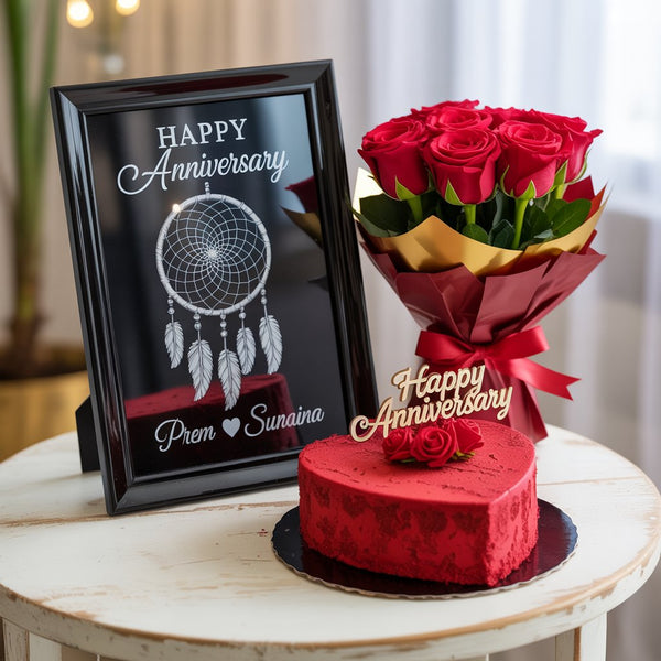 Heart Shape Anniversary Cake, Red Roses & Custom Frame Gift Combo