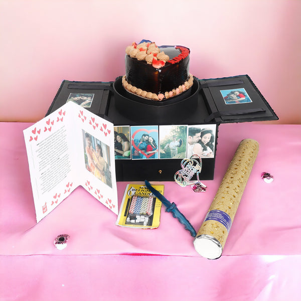 Wooden Heart Box with Chocolate Cake - Anniversary