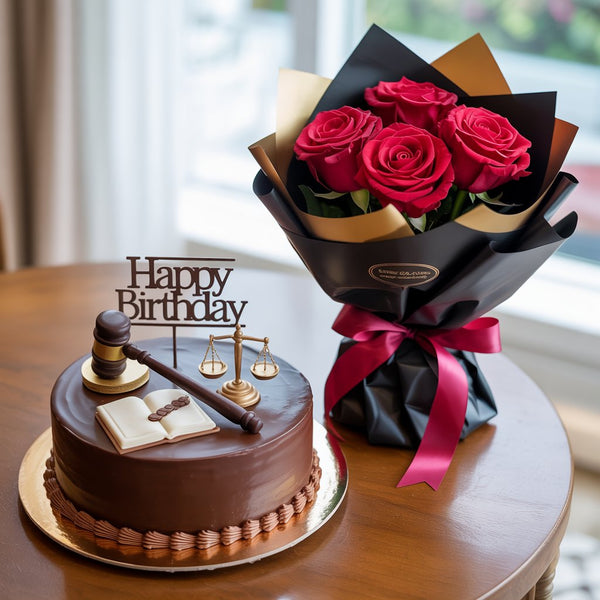 Lawyer Theme Chocolate Birthday Cake & Red Roses Bouquet Gift Combo