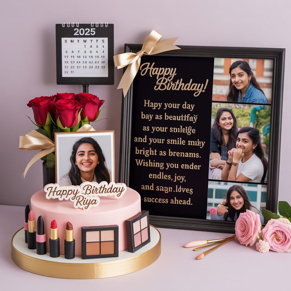 Makeup Theme Photo Cake, Red Roses & Birthday Frame Personalized Gift Combo