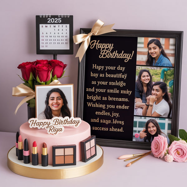 Makeup Theme Photo Cake, Red Roses & Birthday Frame Personalized Gift Combo