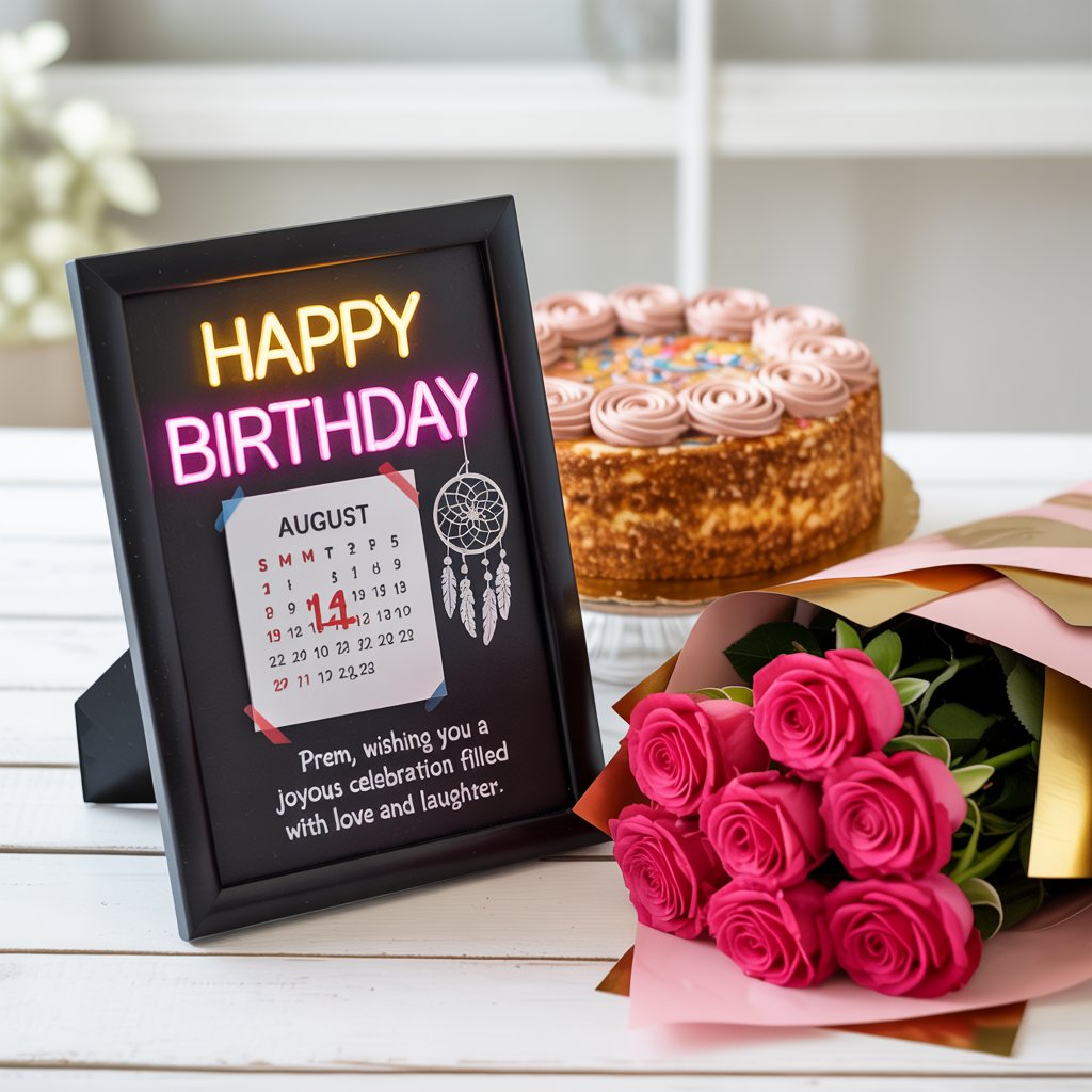 Neon Birthday Frame, Fresh Cake & Pink Roses Premium Gift Combo