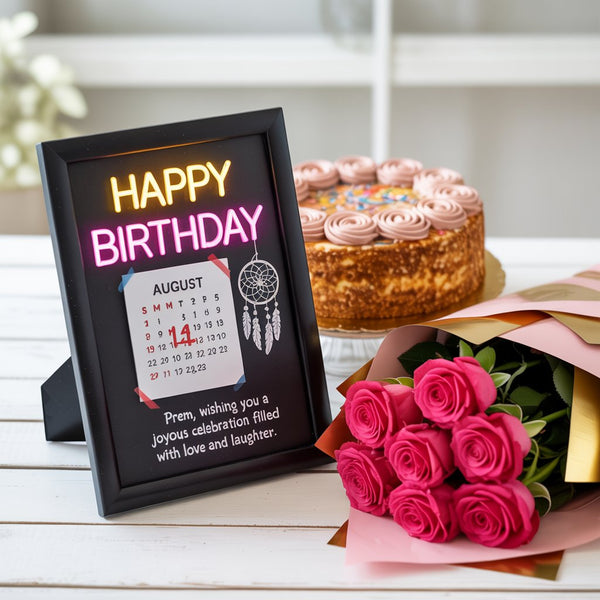 Neon Birthday Frame, Fresh Cake & Pink Roses Premium Gift Combo
