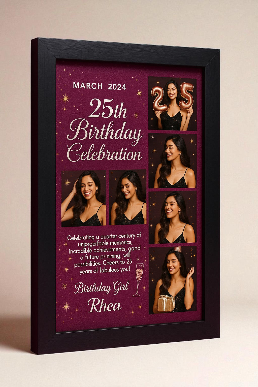 Personalized 25th Birthday Celebration Photo Frame With Maroon Glam Collage For Women
