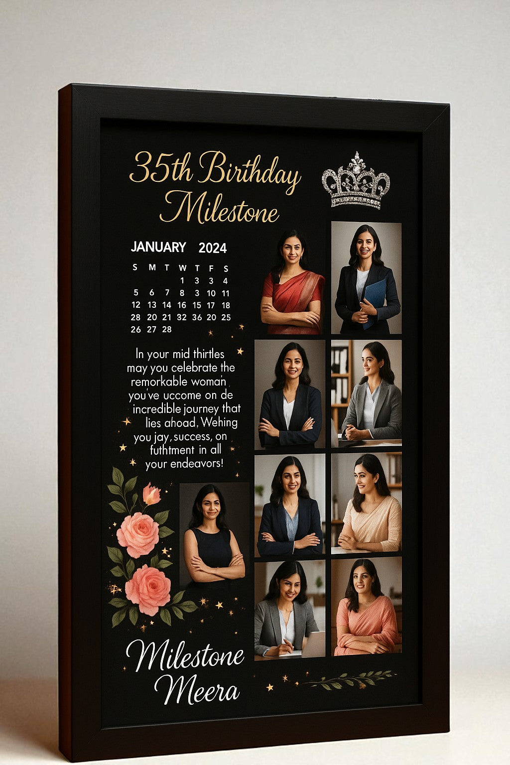 Personalized 35th Birthday Milestone Photo Frame With Elegant Floral Crown Collage Gift