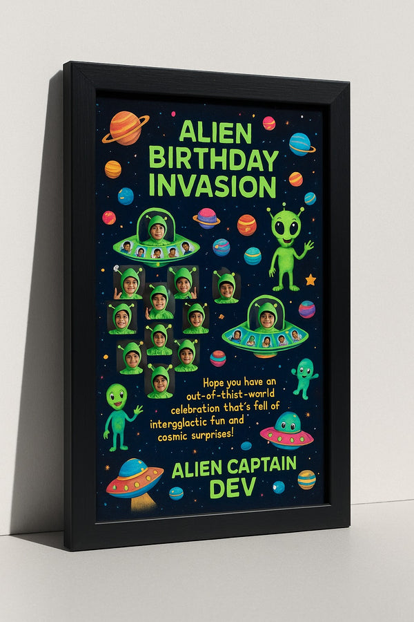Personalized Alien Birthday Invasion Photo Frame | Custom Space Adventure Memory Poster with Name | Intergalactic Birthday Gift