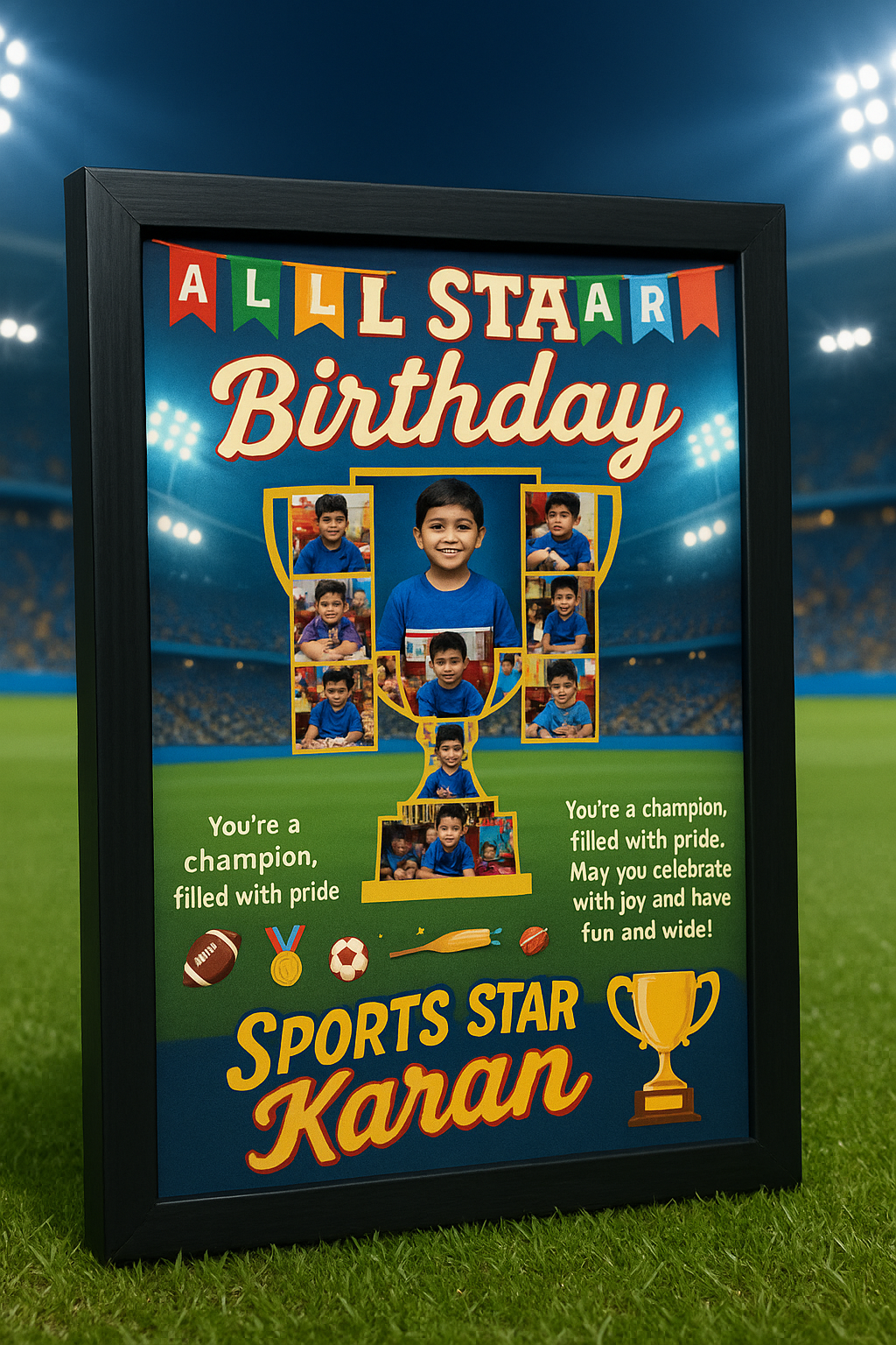 Personalized All Star Birthday Photo Frame With Sports Champion Trophy Theme