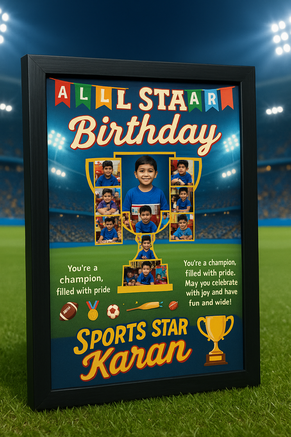 Personalized All Star Birthday Photo Frame With Sports Champion Trophy Theme