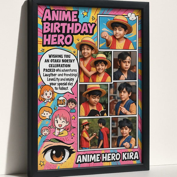 Personalized Anime Birthday Photo Frame | Custom Manga Hero Themed Memory Poster with Child's Name | Premium Quality Otaku Gift Frame