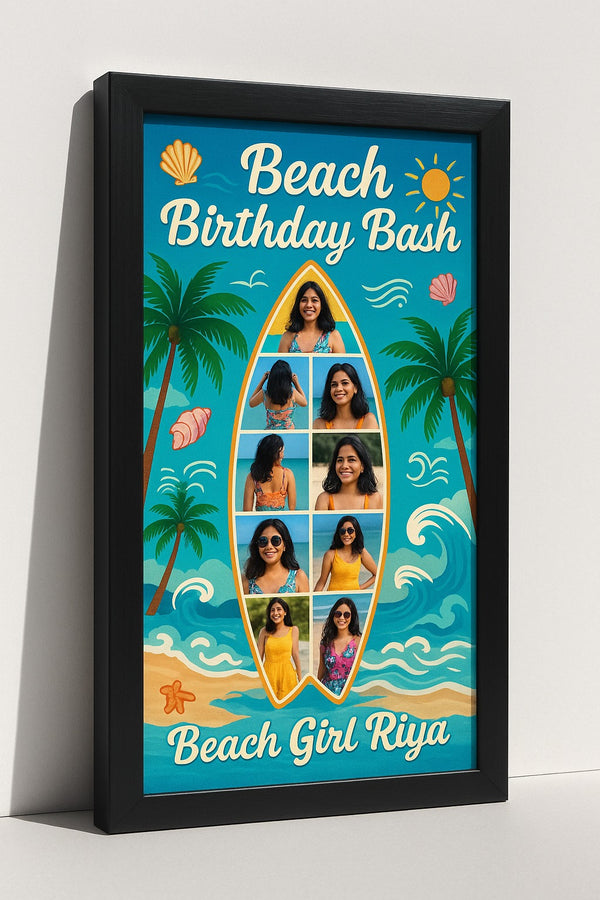 Personalized Beach Birthday Photo Frame | Custom Surfboard Themed Memory Poster with Child's Name | Premium Quality Beach Girl Gift Frame