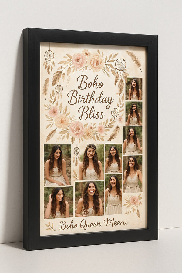 Personalized Boho Birthday Bliss Photo Frame With Name And Floral Dreamcatcher Theme