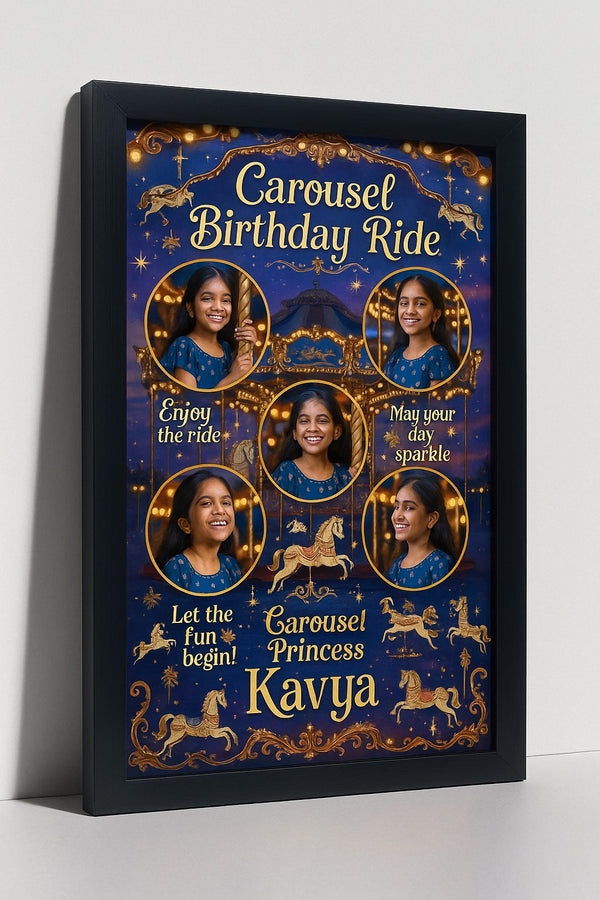 Personalized Carousel Birthday Ride Photo Frame | Custom Magical Memory Poster with Name | Enchanted Carousel Theme Birthday Gift for Girls