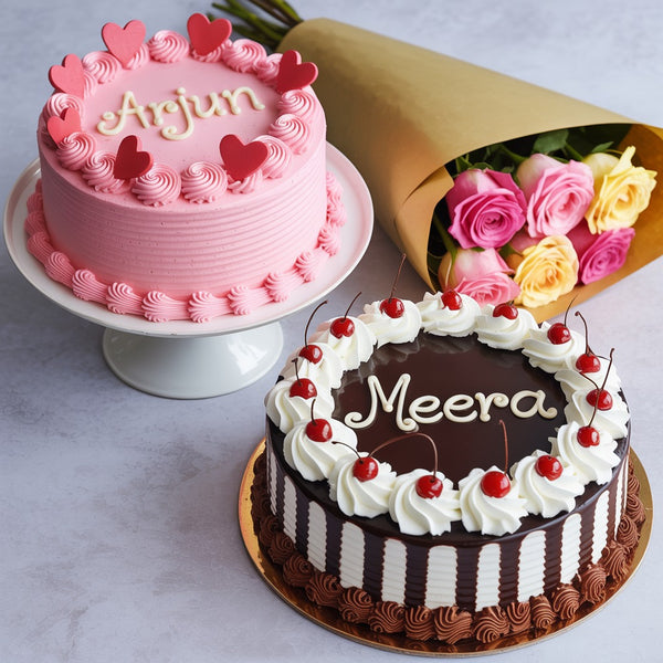 Personalized Celebration Cakes with Roses Bouquet Combo