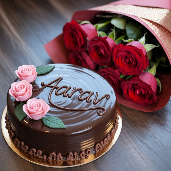 Personalized Chocolate Cake with Roses and Red Roses Bouquet Gift Combo