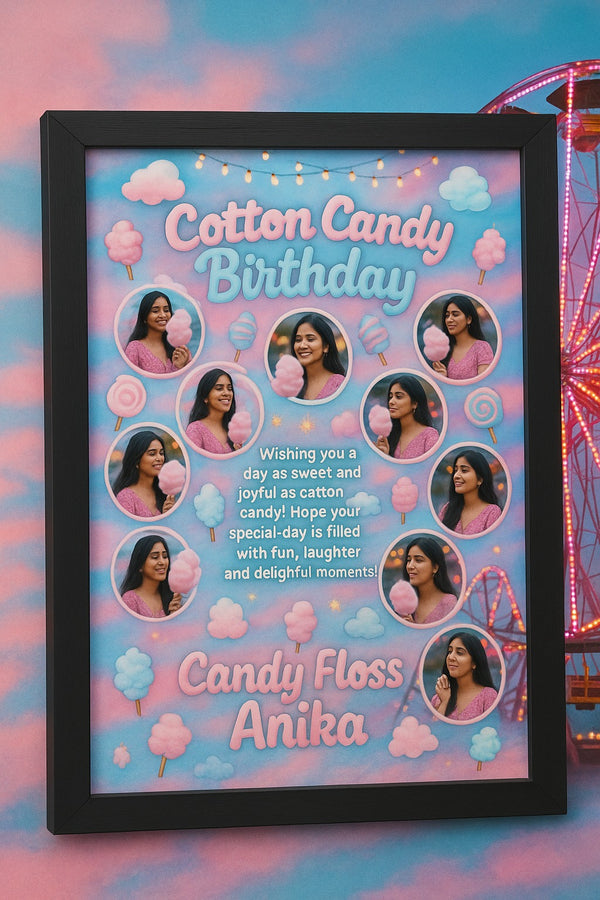 Personalized Cotton Candy Birthday Photo Frame | Custom Candy Floss Memory Poster with Name | Sweet Carnival Themed Birthday Gift for Girls