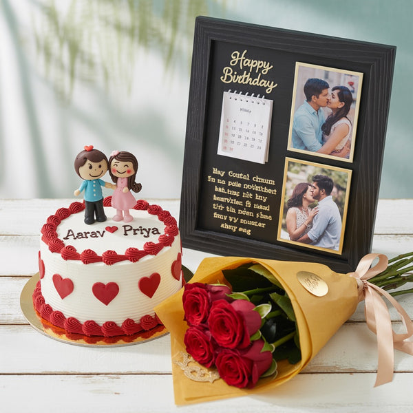 Personalized Couple Cake, Roses, and Birthday Photo Frame Gift Combo