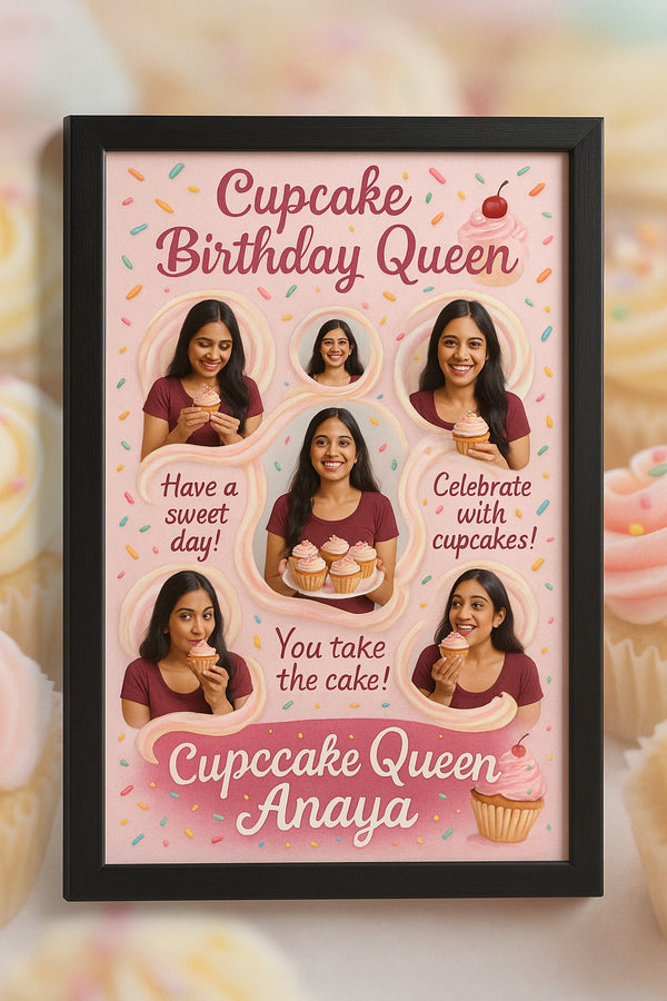 Personalized Cupcake Birthday Queen Photo Frame | Custom Sweet Treats Memory Poster with Name | Premium Birthday Gift for Girls