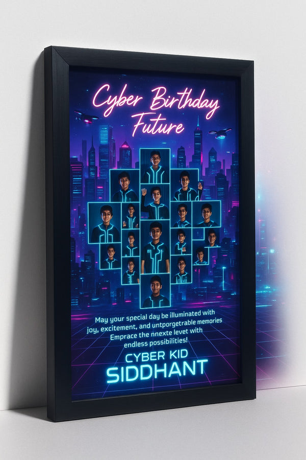 Personalized Cyber Birthday Future Photo Frame | Custom Futuristic Neon Memory Poster with Name | Unique Digital Themed Birthday Gift for Kids