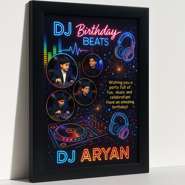Personalized DJ Birthday Beats Photo Frame | Custom Neon Party Memory Poster with Name | Unique Music Themed Birthday Gift