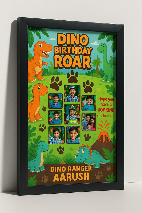 Personalized Dino Birthday Roar Photo Frame For Kids With Cartoon Dinosaur Theme