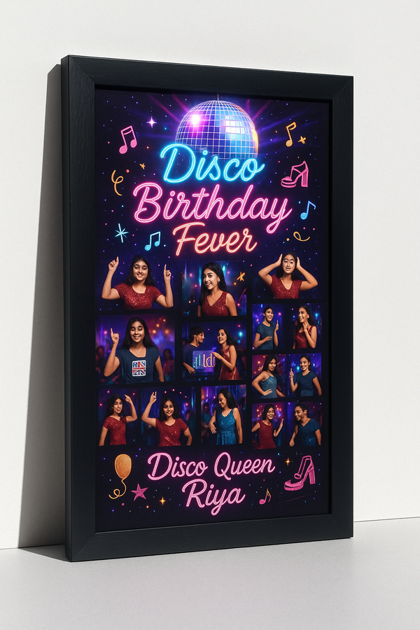 Personalized Disco Birthday Fever Photo Frame With Neon Dance Party Theme