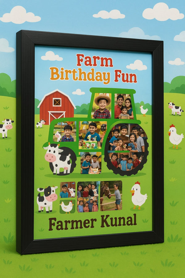 Personalized Farm Birthday Fun Photo Frame | Custom Tractor & Barnyard Memory Poster with Name | Cute Farm Animal Birthday Gift