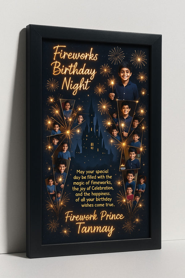 Personalized Fireworks Birthday Night Photo Frame | Custom Celebration Memory Poster with Name | Magical Night Birthday Gift Frame for Kids and Adults