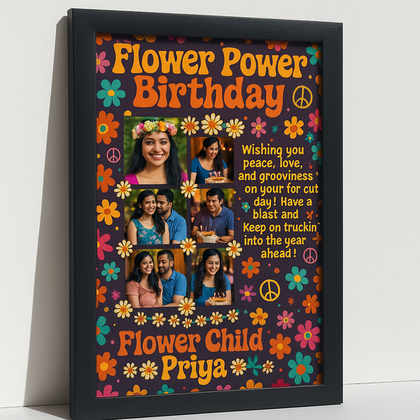 Personalized Flower Power Birthday Photo Frame With Retro Groovy Theme