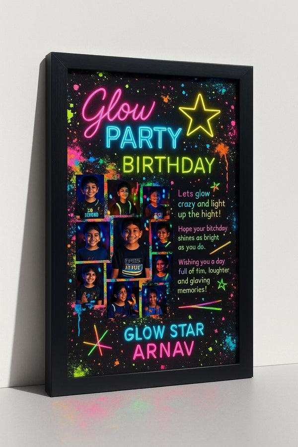 Personalized Glow Party Birthday Photo Frame | Custom Neon Memory Poster with Name | Fun Glow in the Dark Birthday Gift